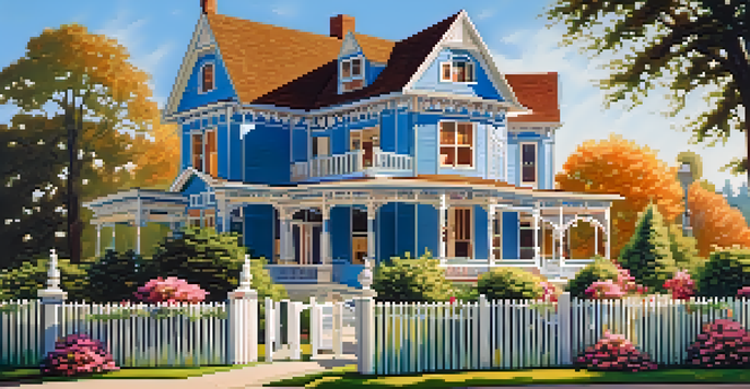 A Victorian house with colorful wooden details and a flower garden in front, set under a clear blue sky.