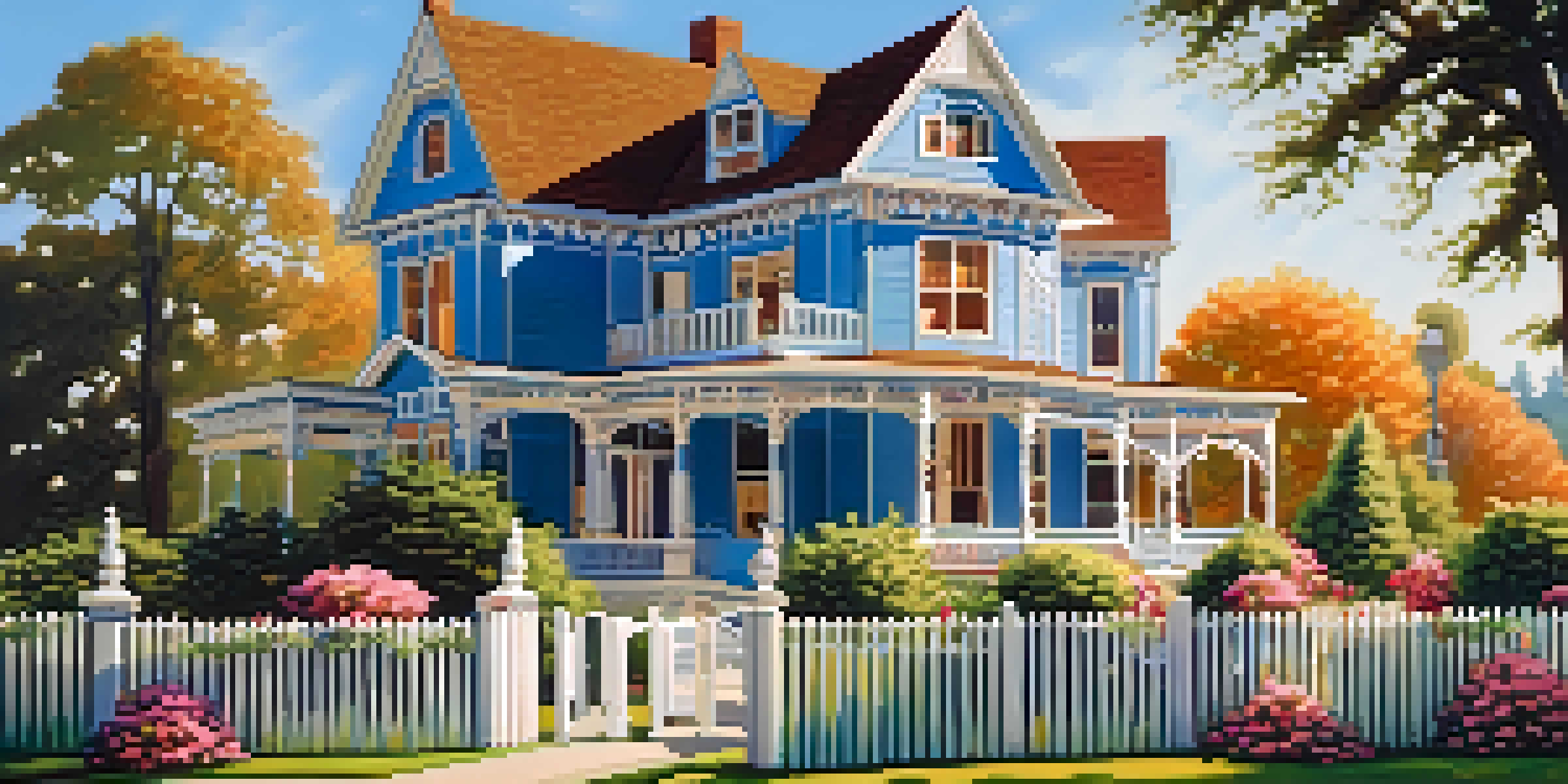 A Victorian house with colorful wooden details and a flower garden in front, set under a clear blue sky.