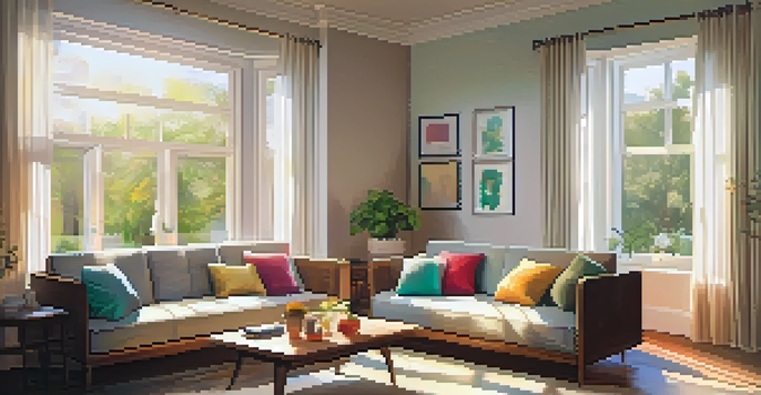 A bright living room with a sofa, coffee table, and a view of a garden outside through a large window, illuminated by sunlight.