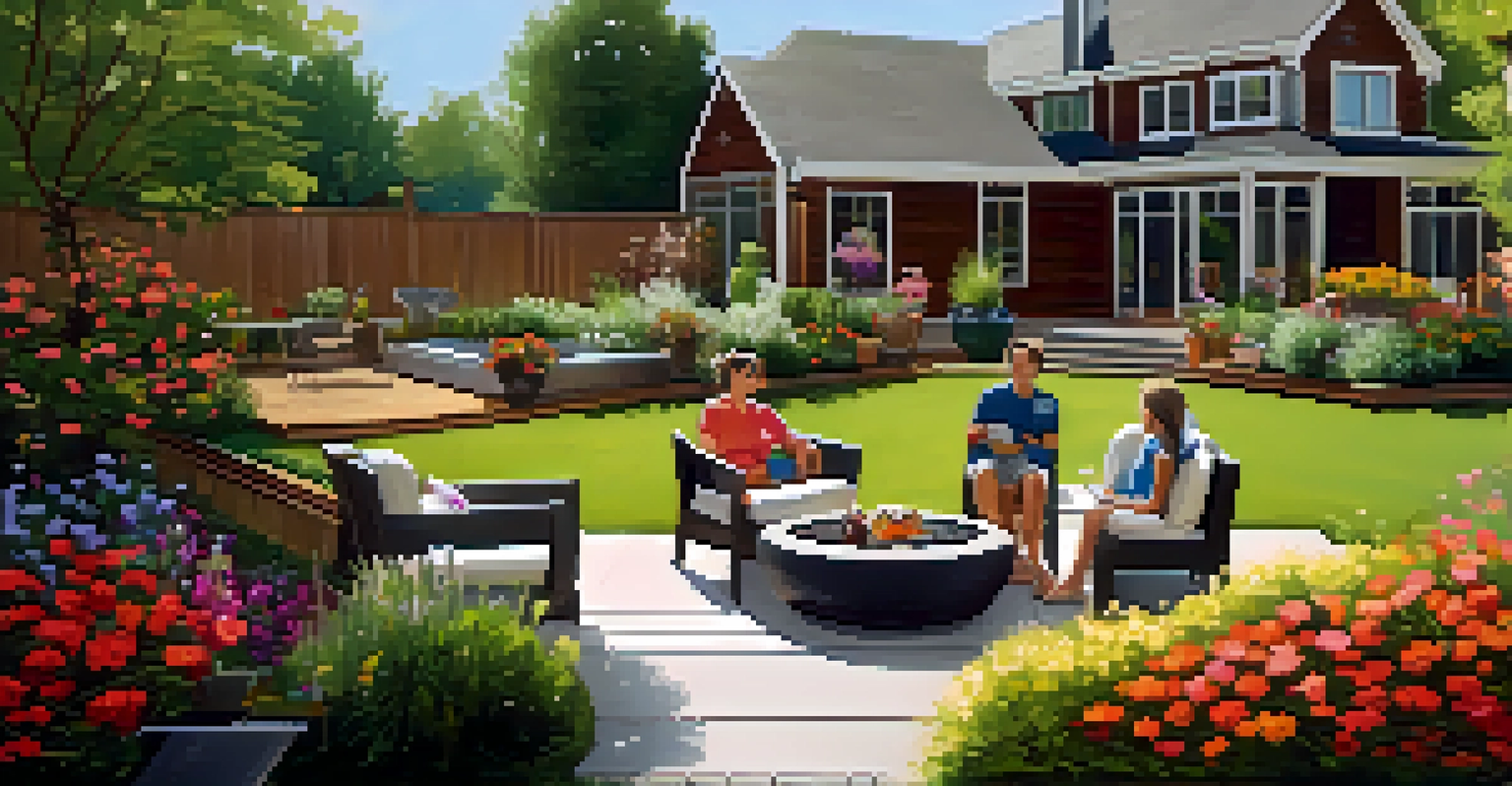 A vibrant outdoor garden with a deck and family enjoying a sunny day together.