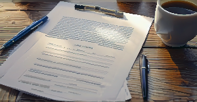 A close-up of a home closing document with a pen on a wooden table, illuminated by soft natural light.