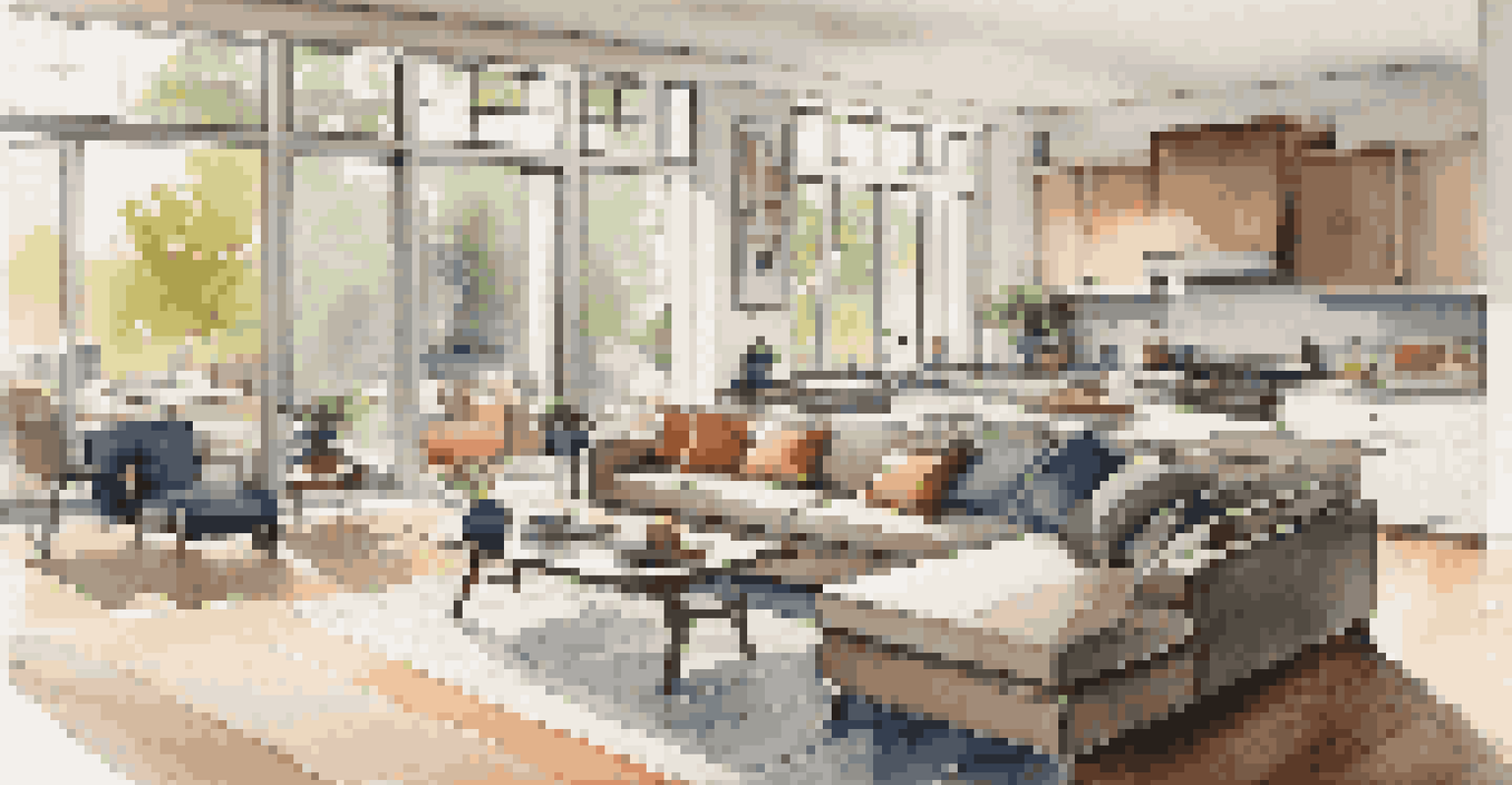 A modern home interior with an open floor plan, showcasing a stylish living room and kitchen.