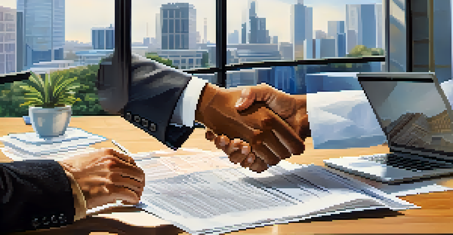 Close-up of hands shaking over a table with real estate documents and charts in a bright office environment.