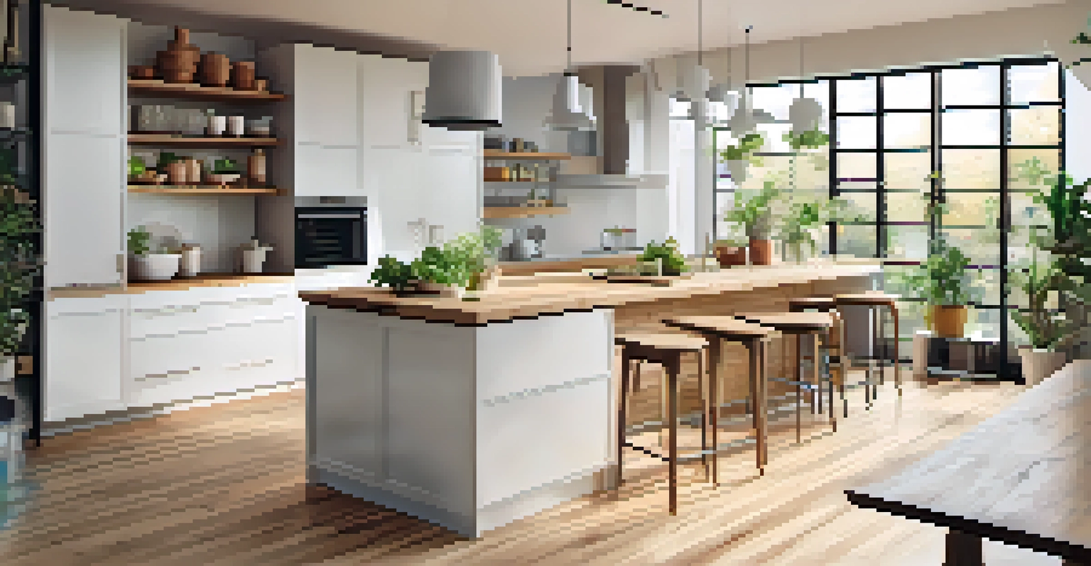 A contemporary kitchen showcasing eco-friendly materials and bright natural lighting.