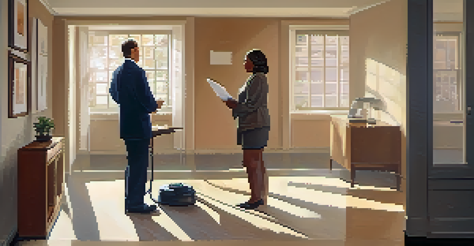 A property manager inspecting smoke detectors in a bright apartment hallway, with modern decor and natural light.