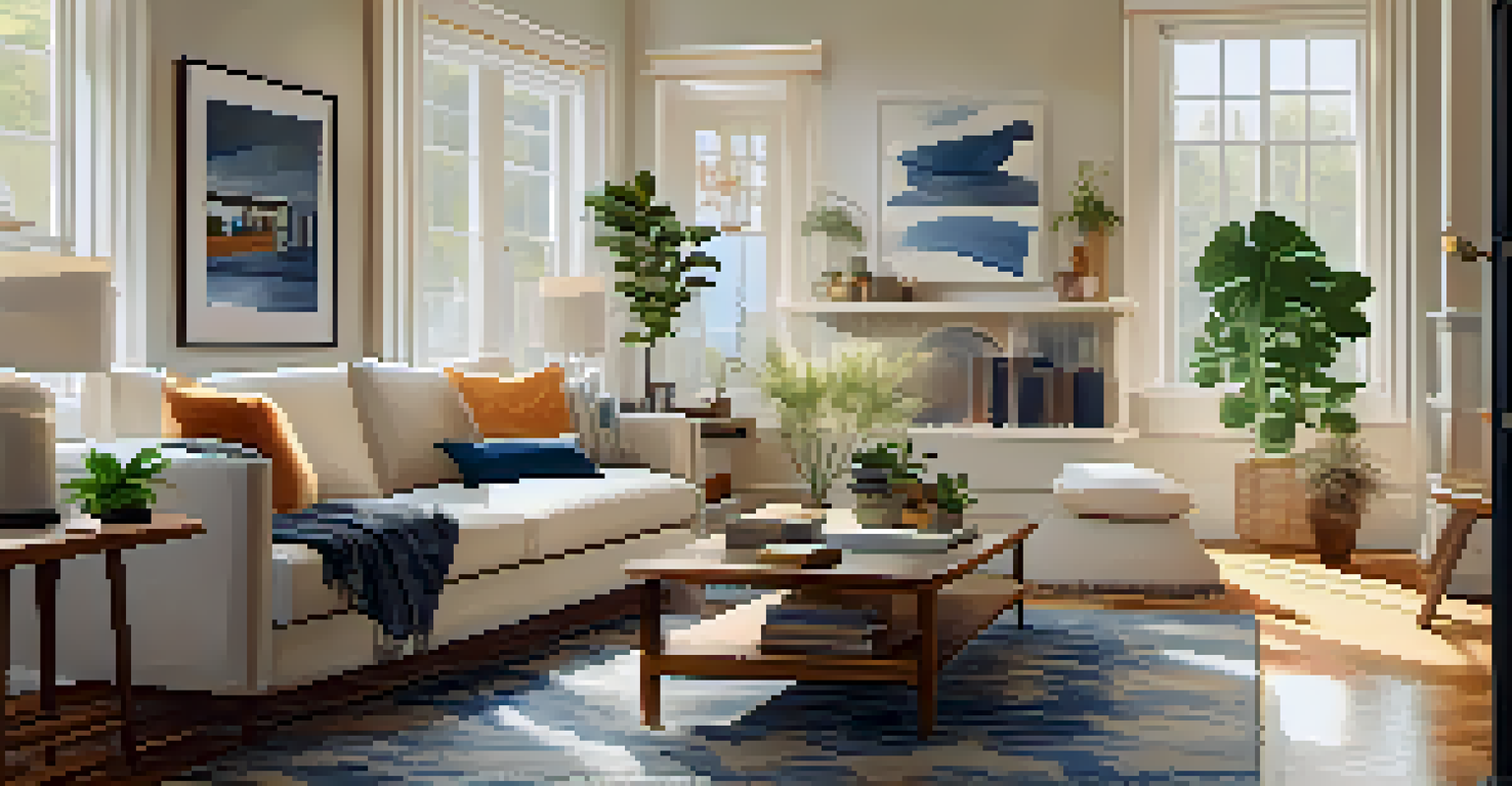 Cozy living room staged for a house flip, featuring a stylish sofa, coffee table, large windows, and decorative plants.