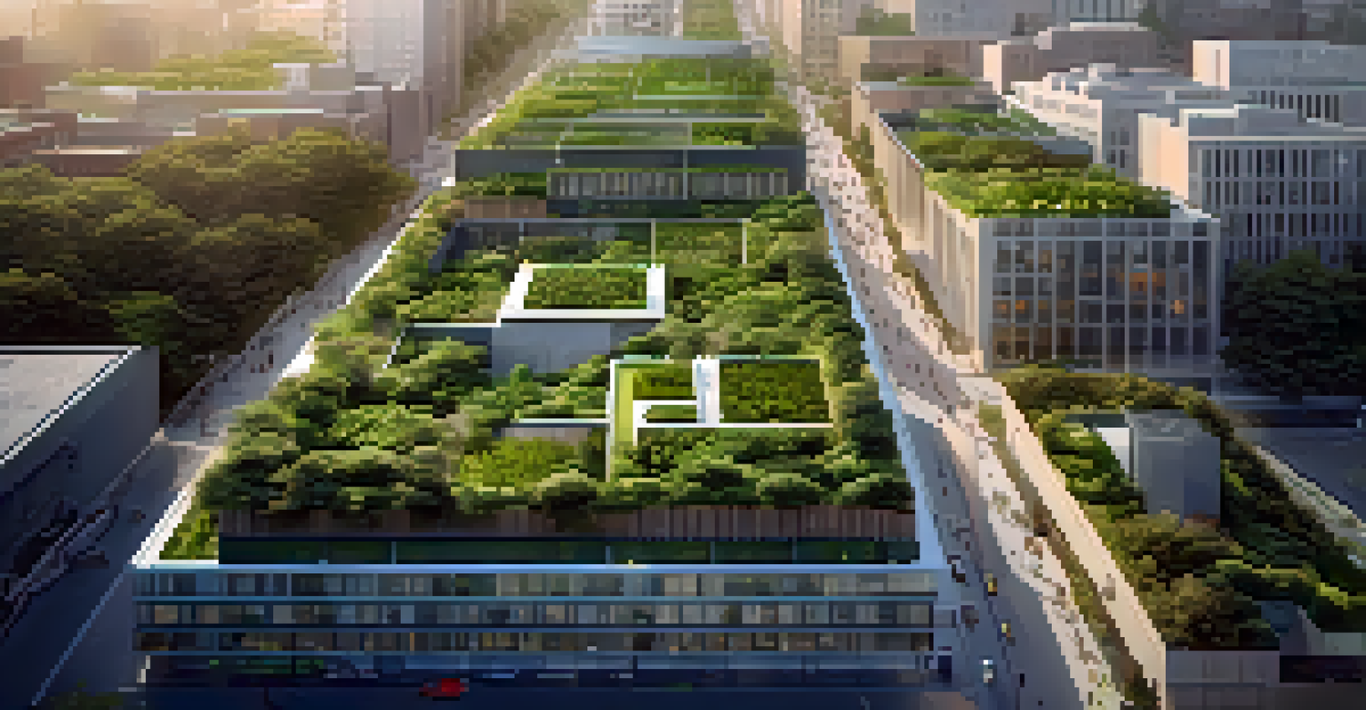 Aerial view of city block with multiple green roofs, lush vegetation and warm sunlight highlighting the landscape.