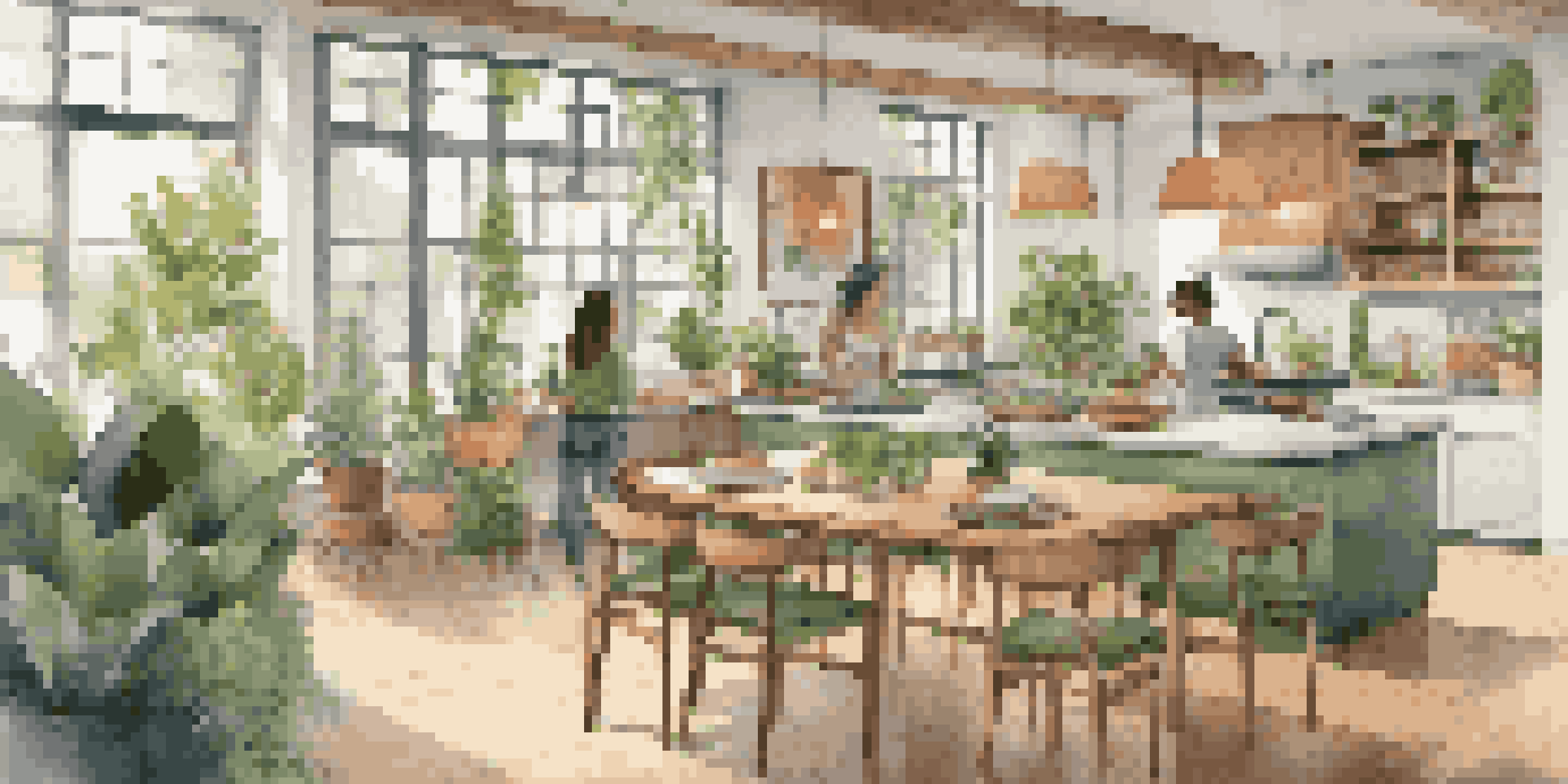 A bright and lively communal kitchen in a co-living space where residents are cooking and socializing, surrounded by plants and colorful decor.