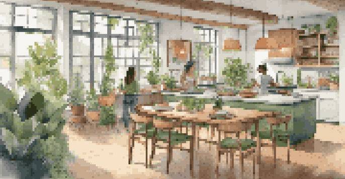 A bright and lively communal kitchen in a co-living space where residents are cooking and socializing, surrounded by plants and colorful decor.