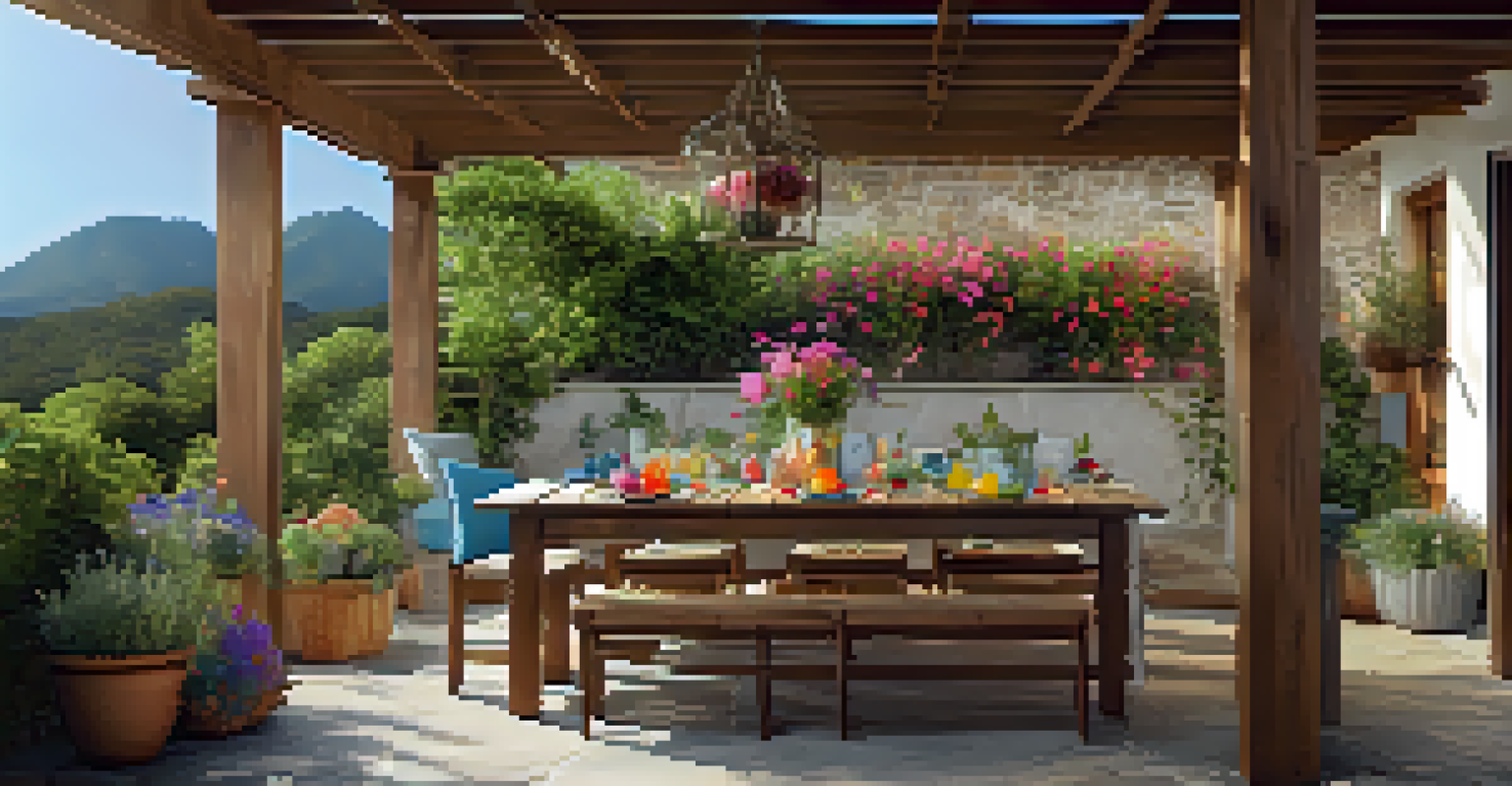 A rustic outdoor dining space with a wooden table, colorful tableware, and a pergola covered in climbing plants, illuminated by soft afternoon light.