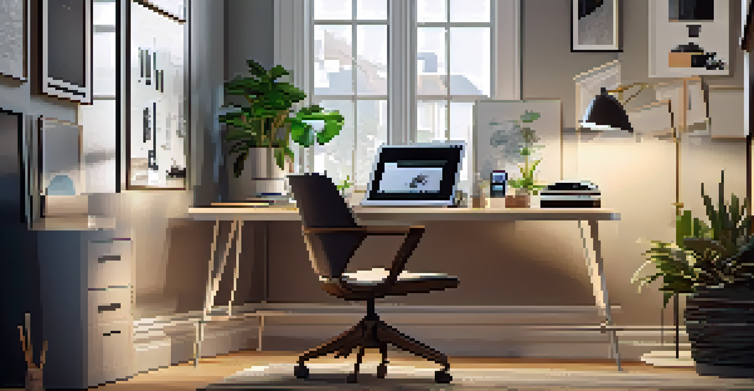 A home office with adjustable smart lighting, a sleek desk, and modern decor.