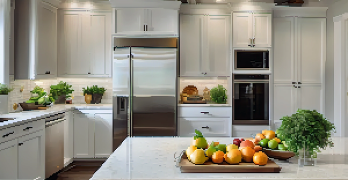 A modern kitchen with white cabinets, a granite island, stainless steel appliances, and warm lighting, featuring fresh herbs and a bowl of fruits.