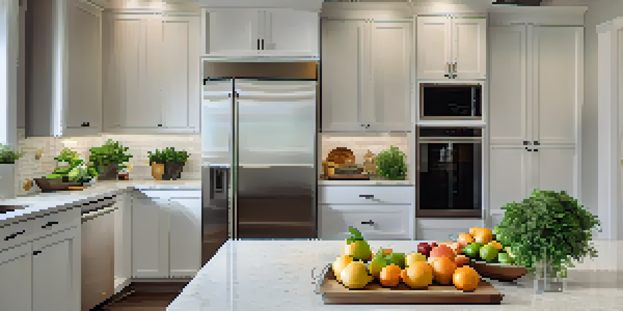 A modern kitchen with white cabinets, a granite island, stainless steel appliances, and warm lighting, featuring fresh herbs and a bowl of fruits.