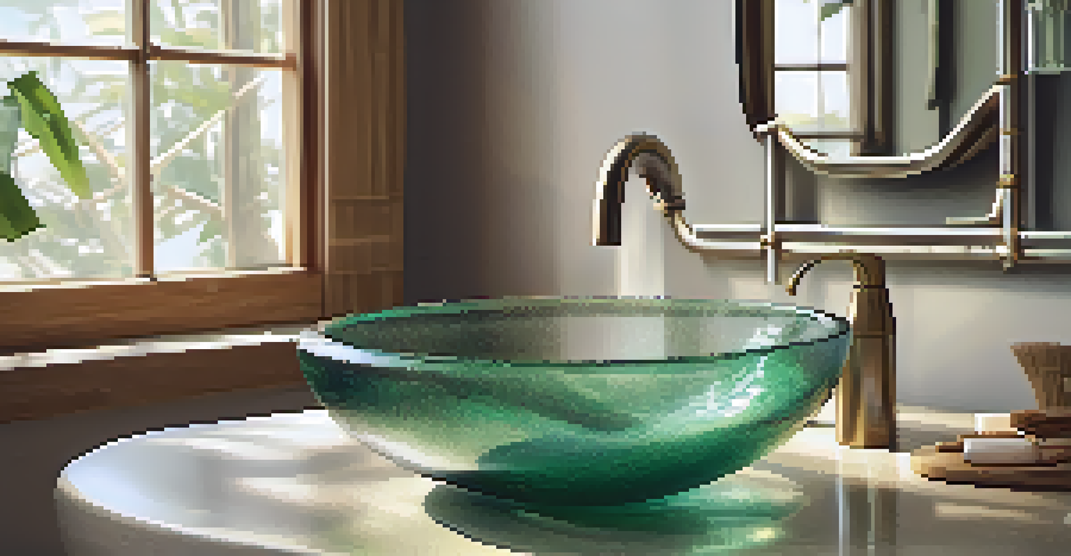 A close-up of a recycled glass sink with bamboo accessories, reflecting soft light and showcasing unique textures.