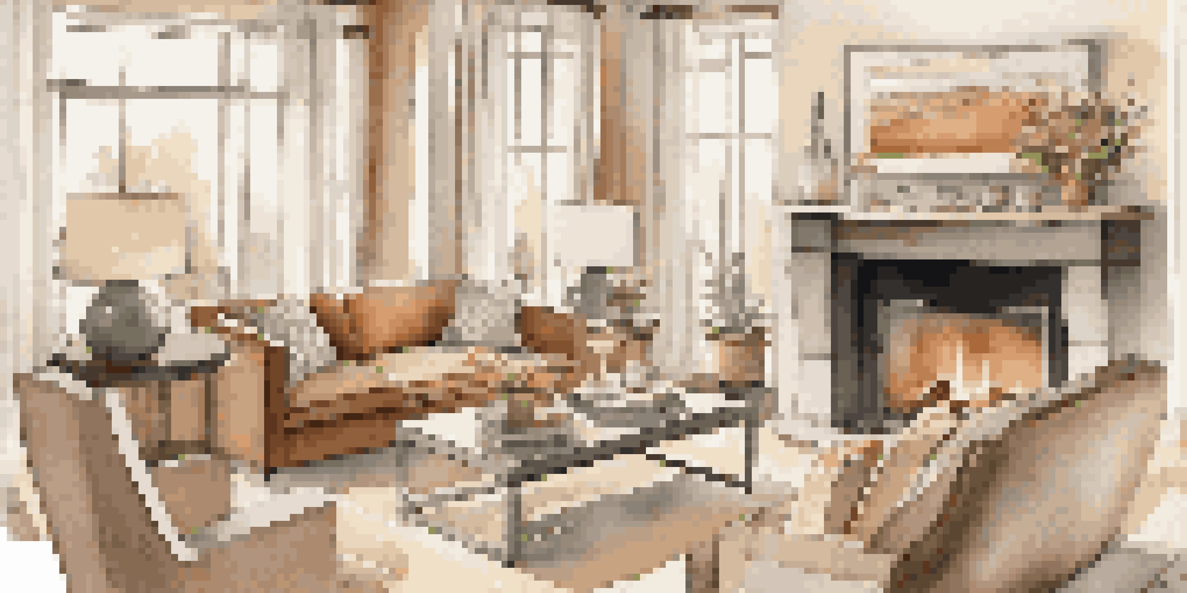 A warm and inviting living room featuring a sofa facing a fireplace, with natural light streaming through large windows and fresh flowers on the coffee table.