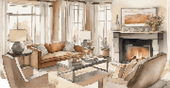 A warm and inviting living room featuring a sofa facing a fireplace, with natural light streaming through large windows and fresh flowers on the coffee table.