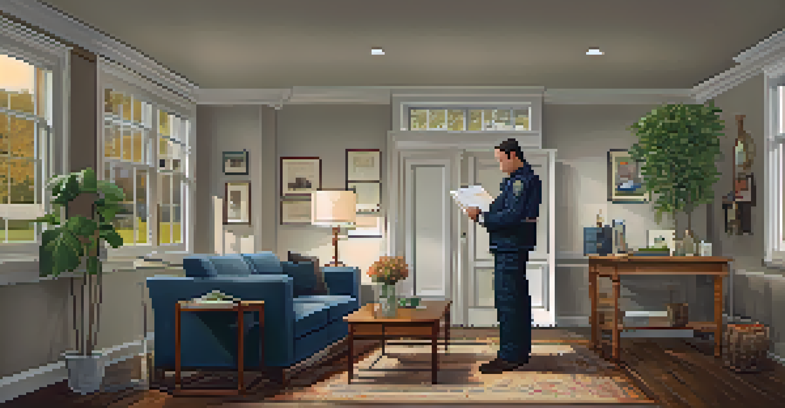 A home inspector in a well-lit living room, reviewing a checklist and taking notes on a clipboard.