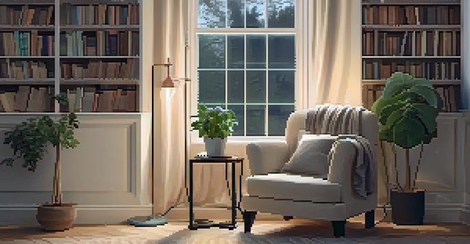 A warm and inviting reading nook with an armchair, throw blanket, and bookshelf, bathed in soft lighting.