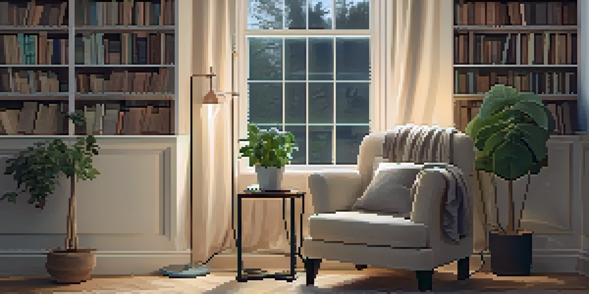 A warm and inviting reading nook with an armchair, throw blanket, and bookshelf, bathed in soft lighting.