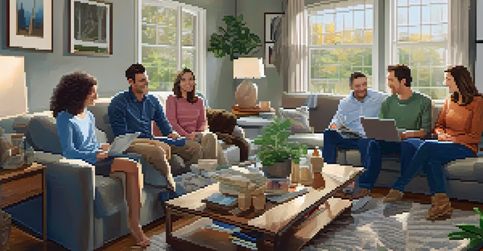 A diverse family sitting together in a cozy living room, discussing home buying decisions with brochures and a laptop on the coffee table.