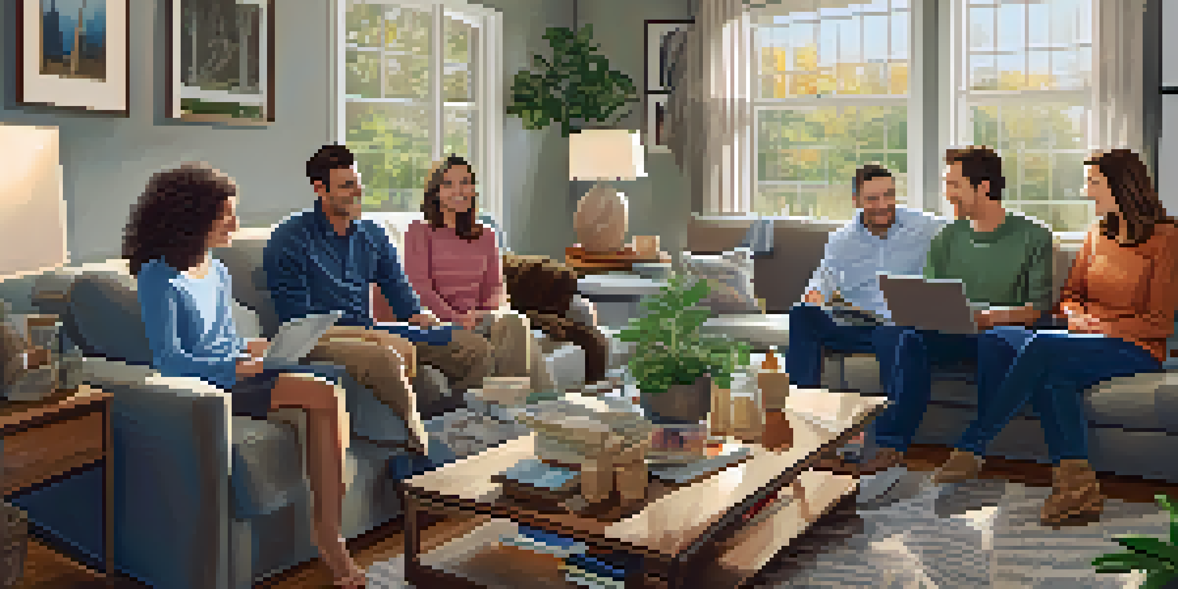 A diverse family sitting together in a cozy living room, discussing home buying decisions with brochures and a laptop on the coffee table.