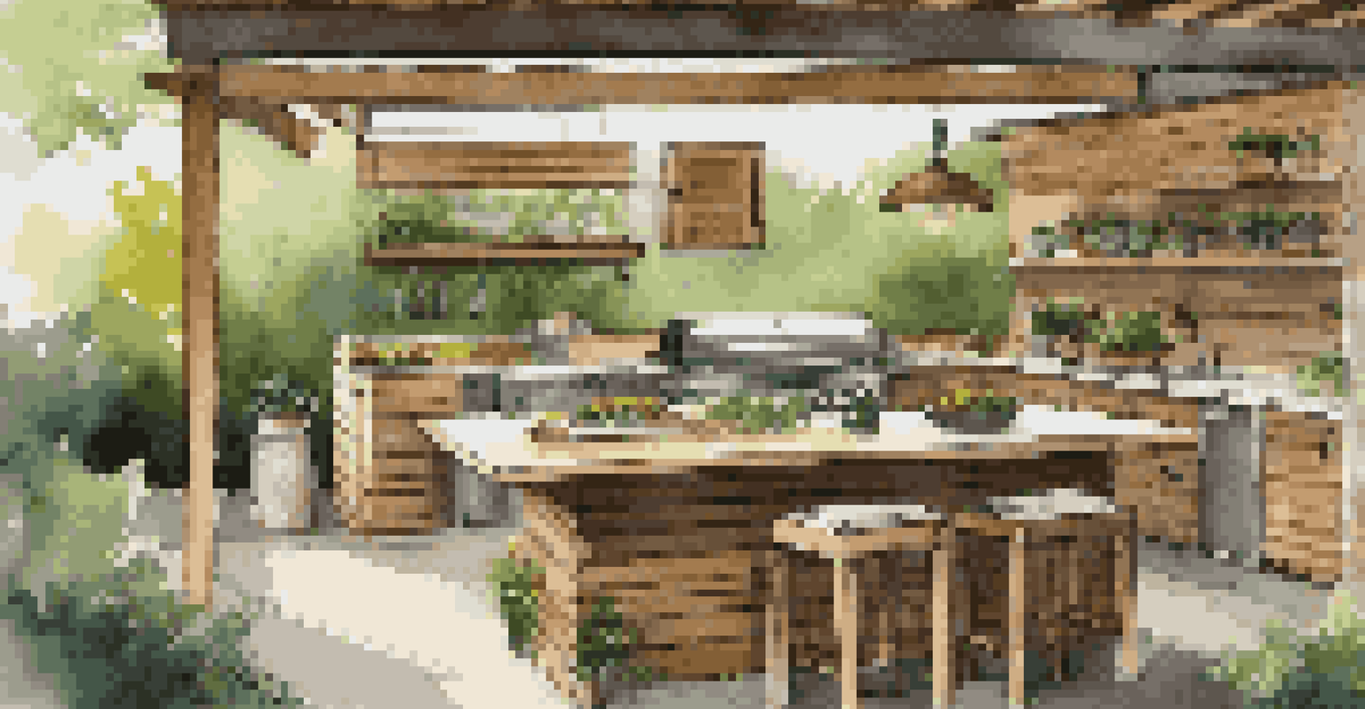 An eco-friendly outdoor kitchen with reclaimed wood, an elegant dining setup, and lush greenery in the background.