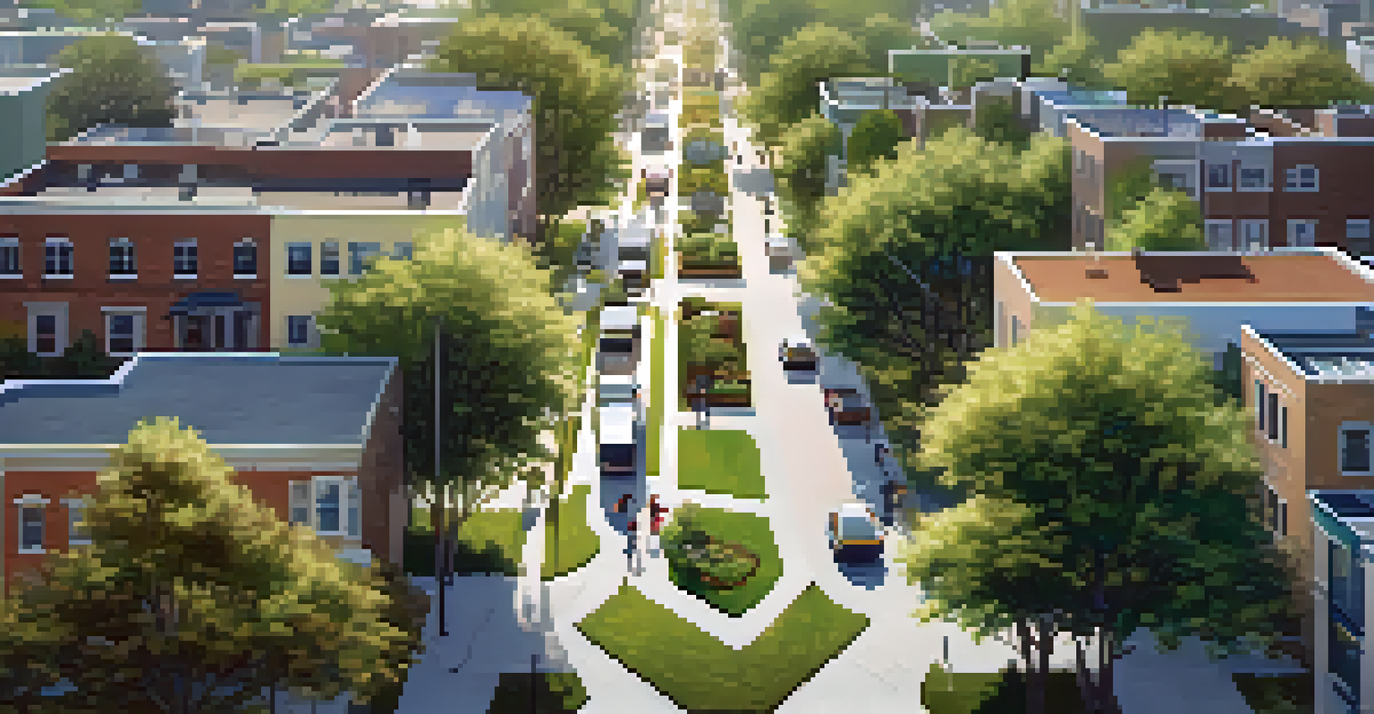 An aerial view of a revitalized neighborhood with parks, shops, and busy streets, highlighting improved infrastructure and community life.