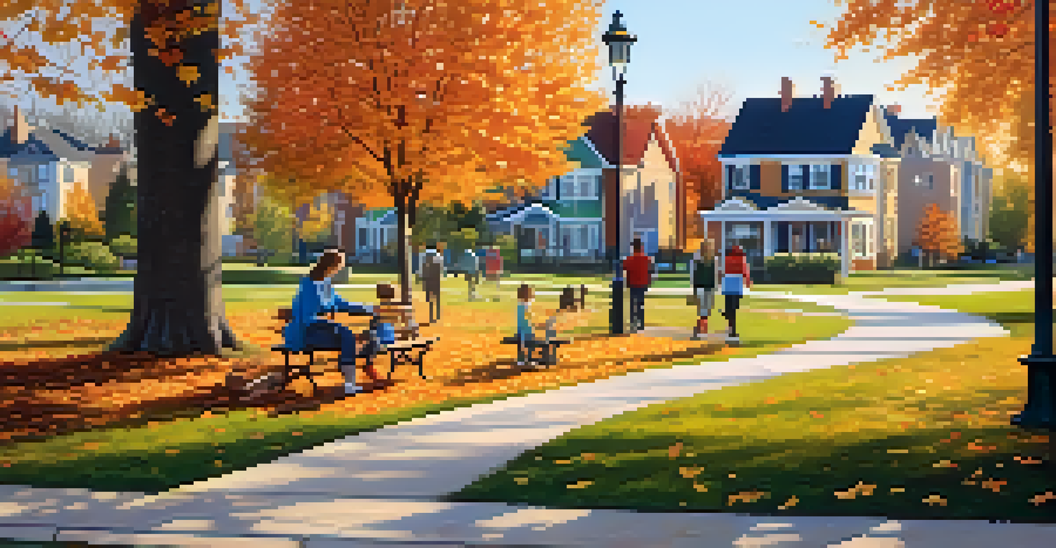 A serene family-friendly park with children playing and families enjoying picnics, surrounded by homes in autumn colors.