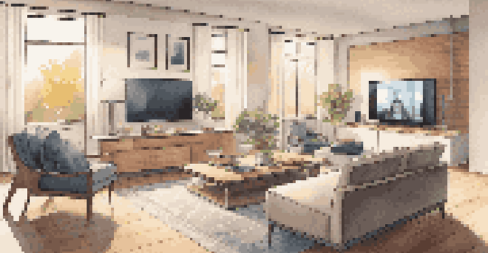 A modern living room with automated blinds letting in sunlight, featuring a smart speaker on a coffee table and a cozy seating area for family movie nights.