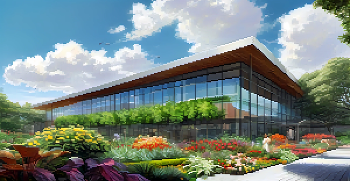 A modern building with a green roof covered in plants and flowers, with a clear blue sky and birds nearby.