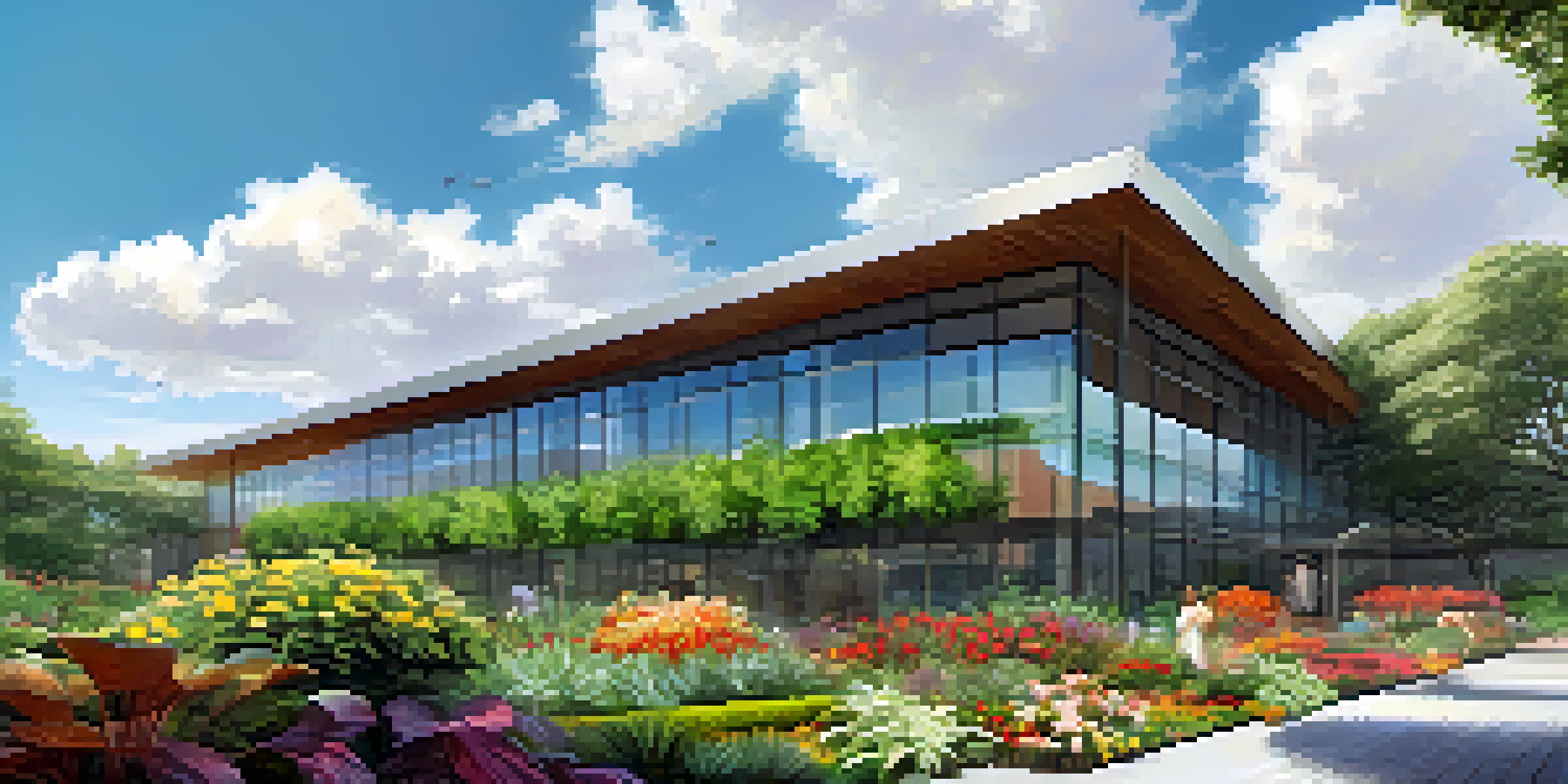 A modern building with a green roof covered in plants and flowers, with a clear blue sky and birds nearby.