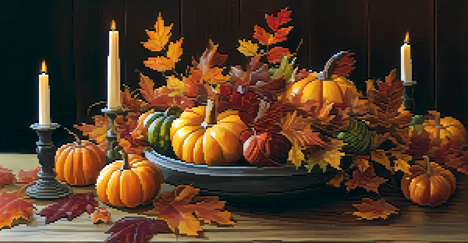 A rustic wooden table with a glass bowl filled with autumn leaves and pumpkins, surrounded by candlesticks, illuminated by soft warm lighting.