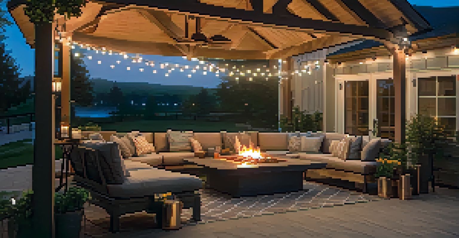 A cozy outdoor space with a fire pit and string lights, providing a warm and inviting ambiance for gatherings.