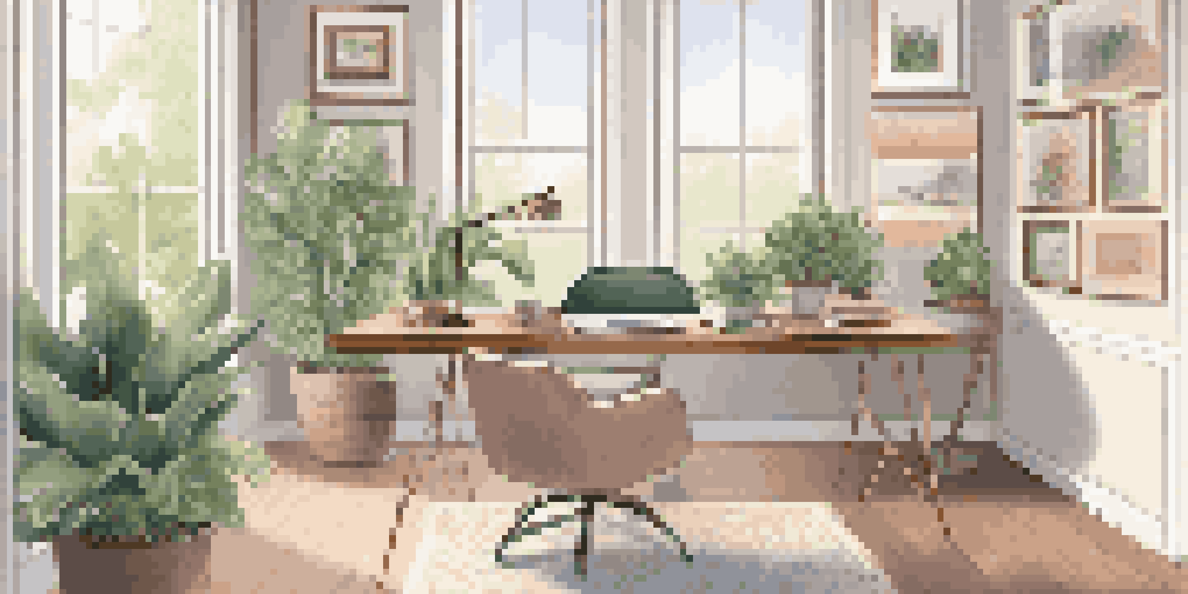 A bright and modern home office with a large window, ergonomic desk, and plants, designed for productivity.