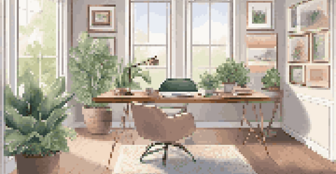 A bright and modern home office with a large window, ergonomic desk, and plants, designed for productivity.