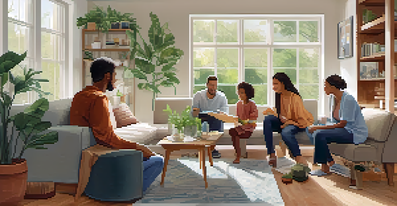 A family participating in a sustainability workshop in a cozy living room filled with natural light.
