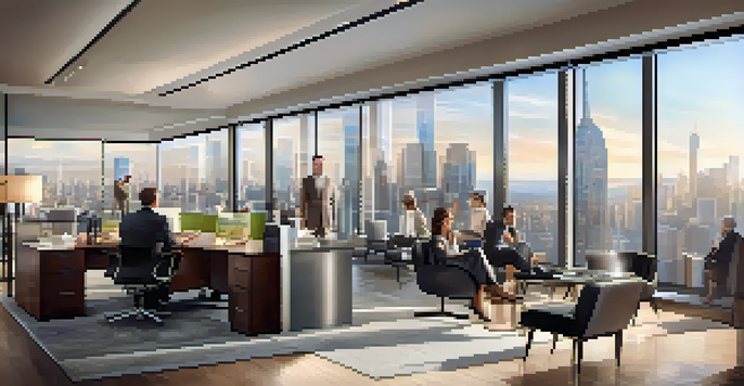 A modern real estate office with glass windows, sleek furniture, and a team discussing with clients, illuminated by warm lighting.