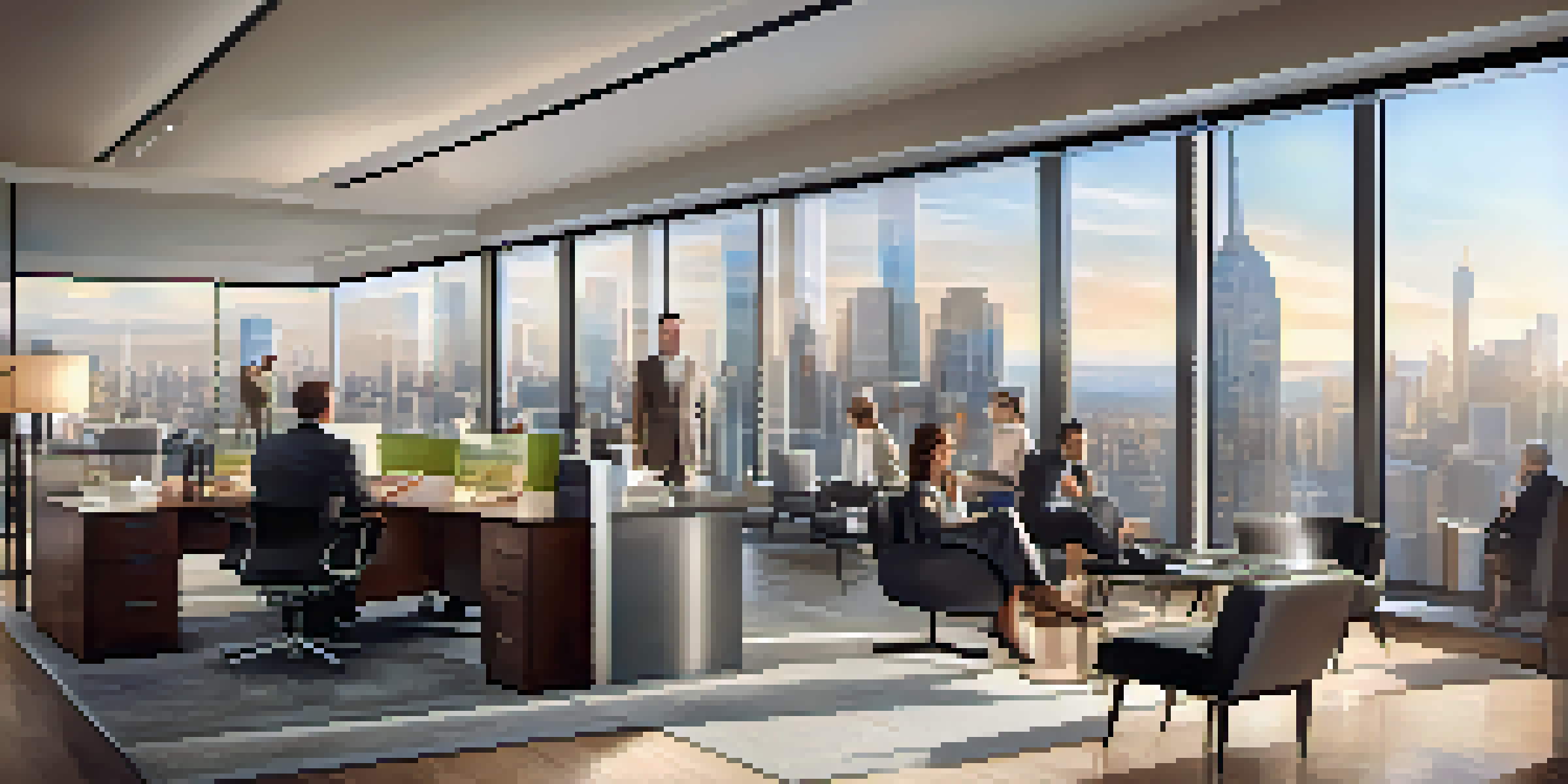 A modern real estate office with glass windows, sleek furniture, and a team discussing with clients, illuminated by warm lighting.