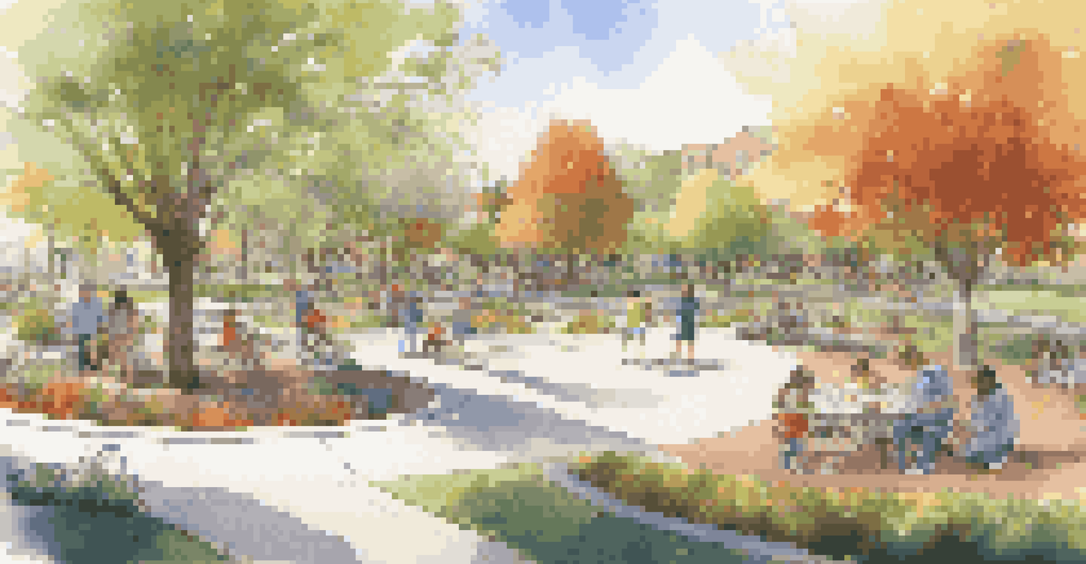 A lively community park with playgrounds, picnic areas, and sensory gardens, filled with families enjoying the sunny day amidst colorful flowers.
