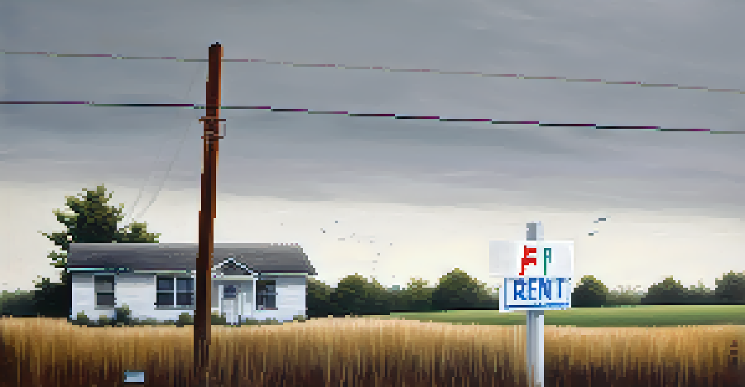 An empty rental property with a 'For Rent' sign, surrounded by overgrown grass and a quiet atmosphere.