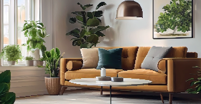 A contemporary living room with a visible smart plug connected to a charger, cozy sofa, and ambient lighting, illustrating the integration of technology in home decor.