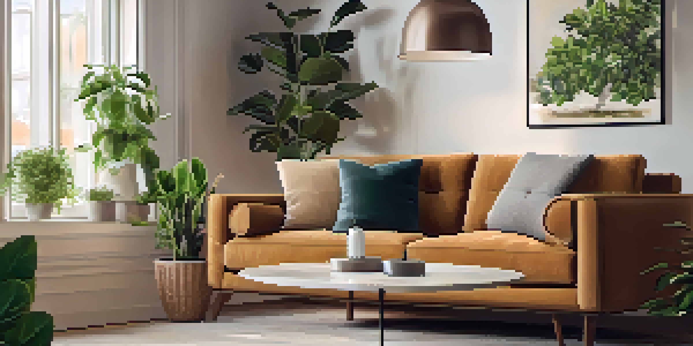A contemporary living room with a visible smart plug connected to a charger, cozy sofa, and ambient lighting, illustrating the integration of technology in home decor.