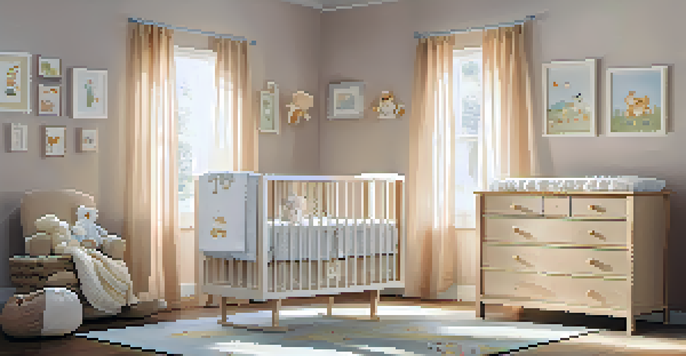 A bright and welcoming nursery with pastel-colored walls, a rocking chair, plush toys, and a wooden crib, illuminated by soft sunlight.