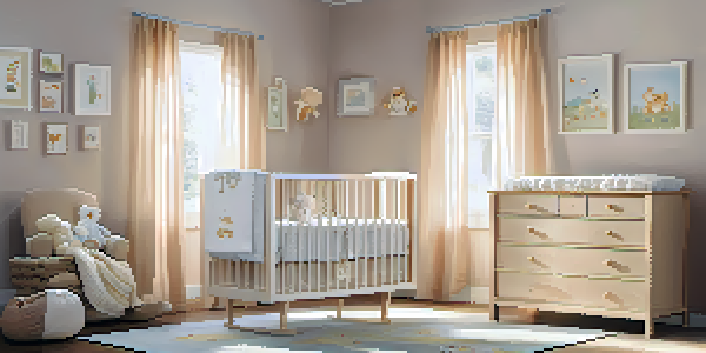 A bright and welcoming nursery with pastel-colored walls, a rocking chair, plush toys, and a wooden crib, illuminated by soft sunlight.