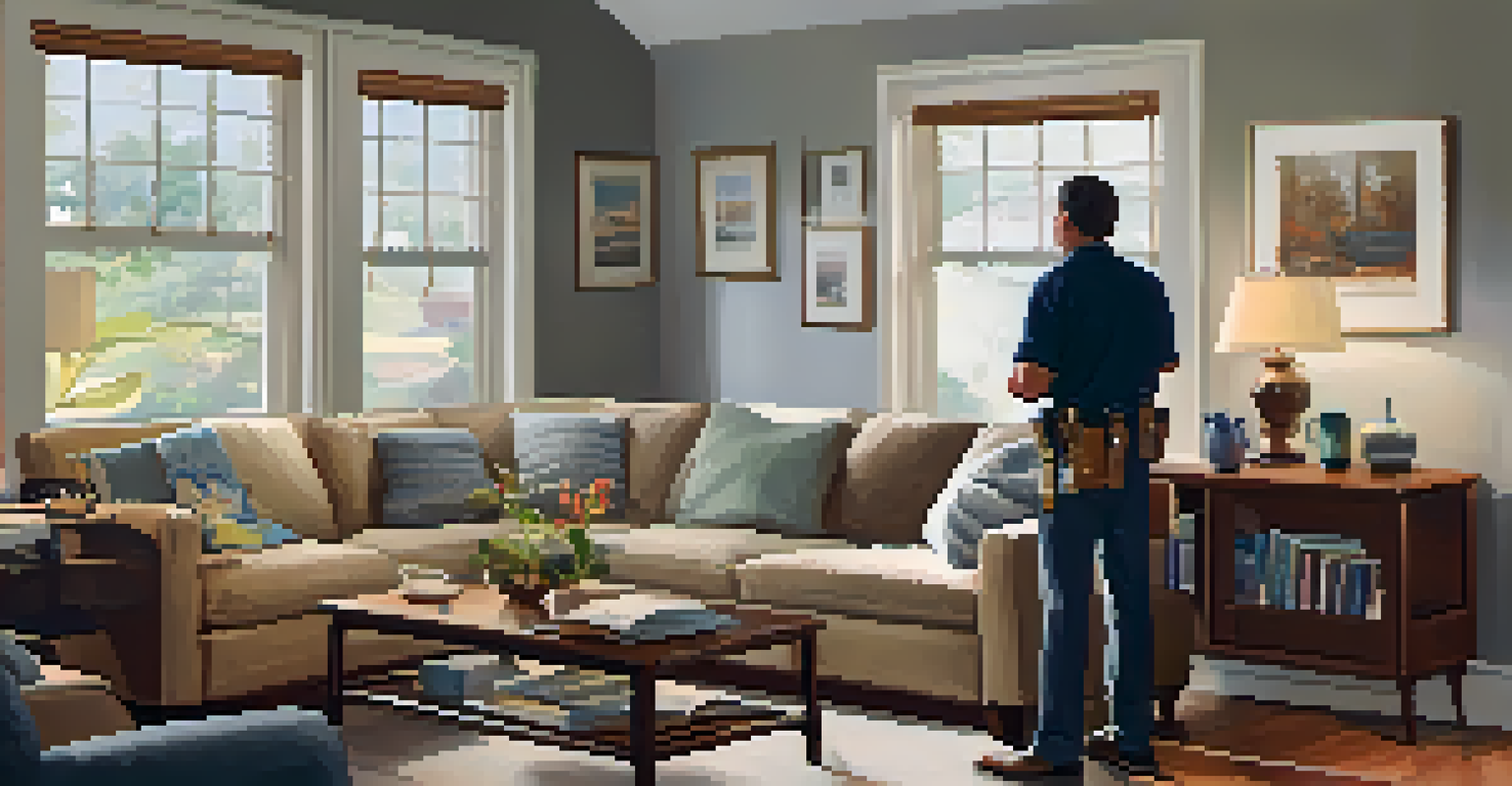 A home inspector discussing findings in a living room with a homeowner, surrounded by furniture and natural light.