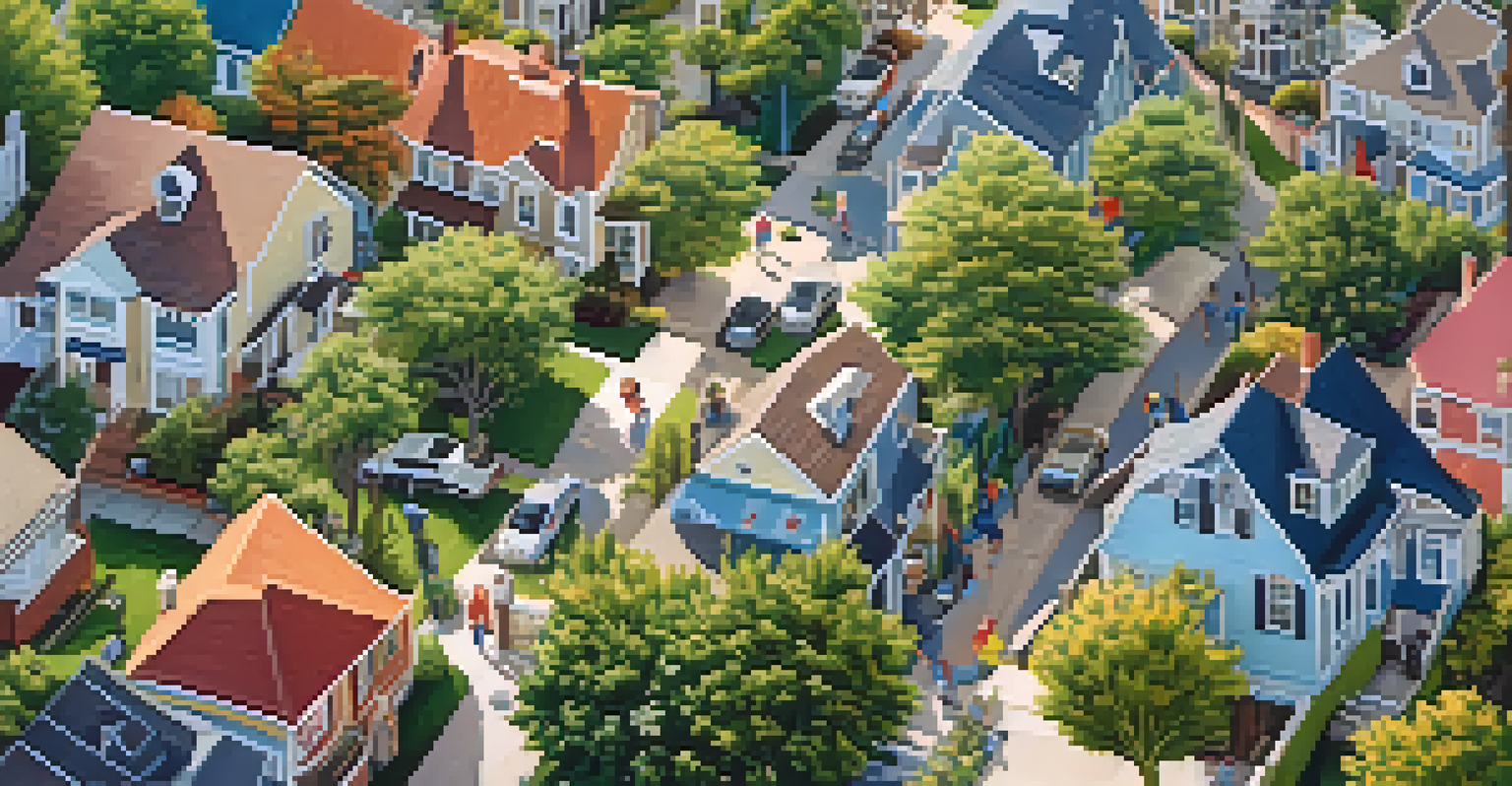 An aerial view of a lively neighborhood with various houses, gardens, and people enjoying their community.