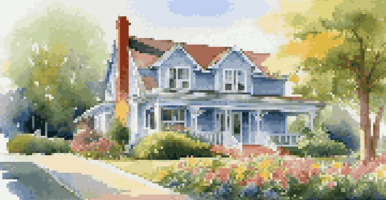A suburban house with a beautiful garden, colorful flowers, and a clear blue sky.