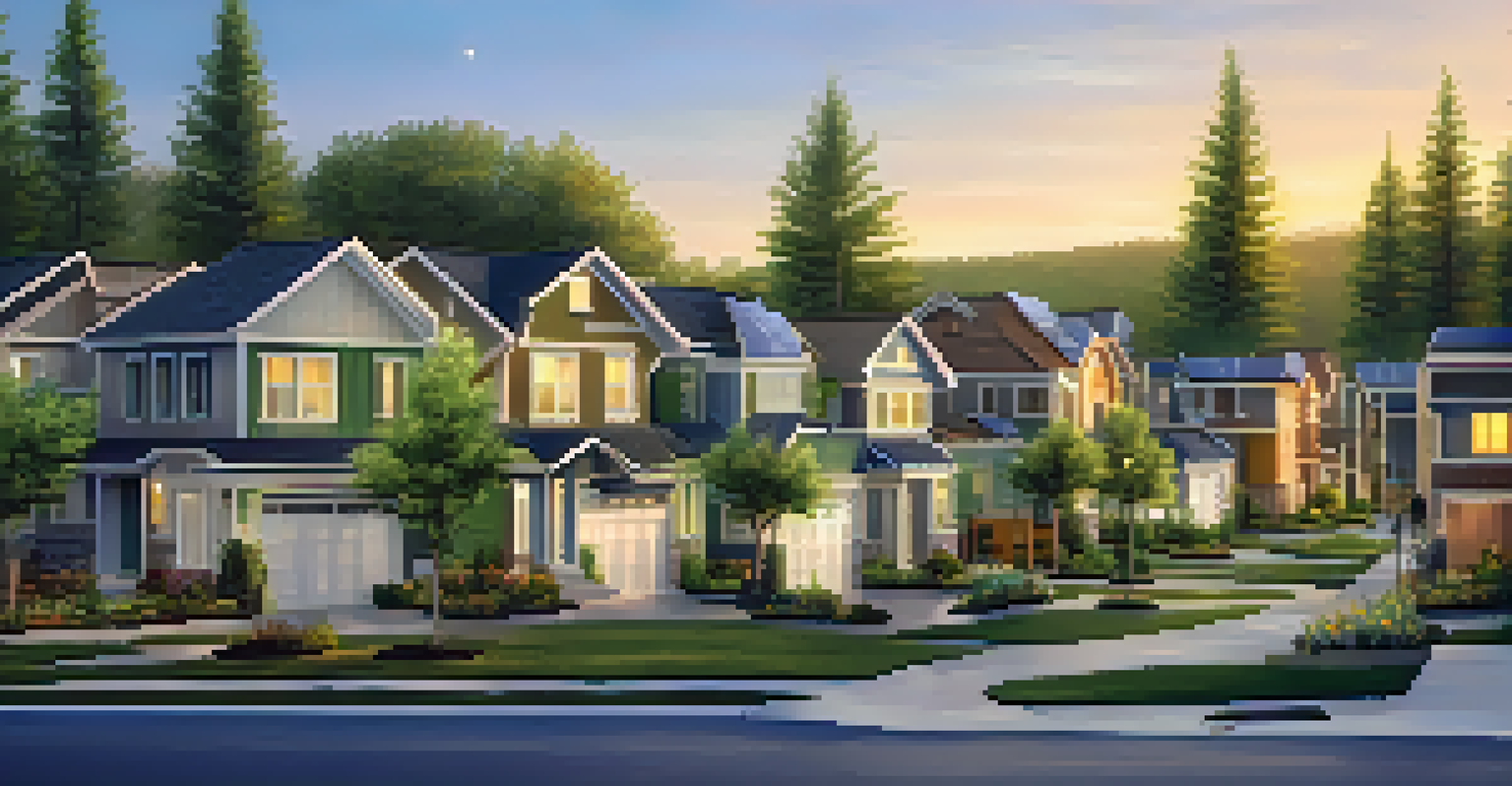 Eco-friendly neighborhood with solar panels on roofs and lush landscaping at sunset.