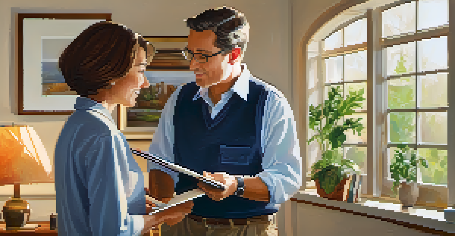 An inspector and a homeowner discussing safety features in a cozy living room.