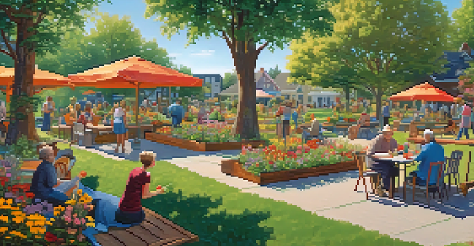 A community garden filled with flowers where diverse tenants are enjoying a picnic and socializing in a sunny environment.